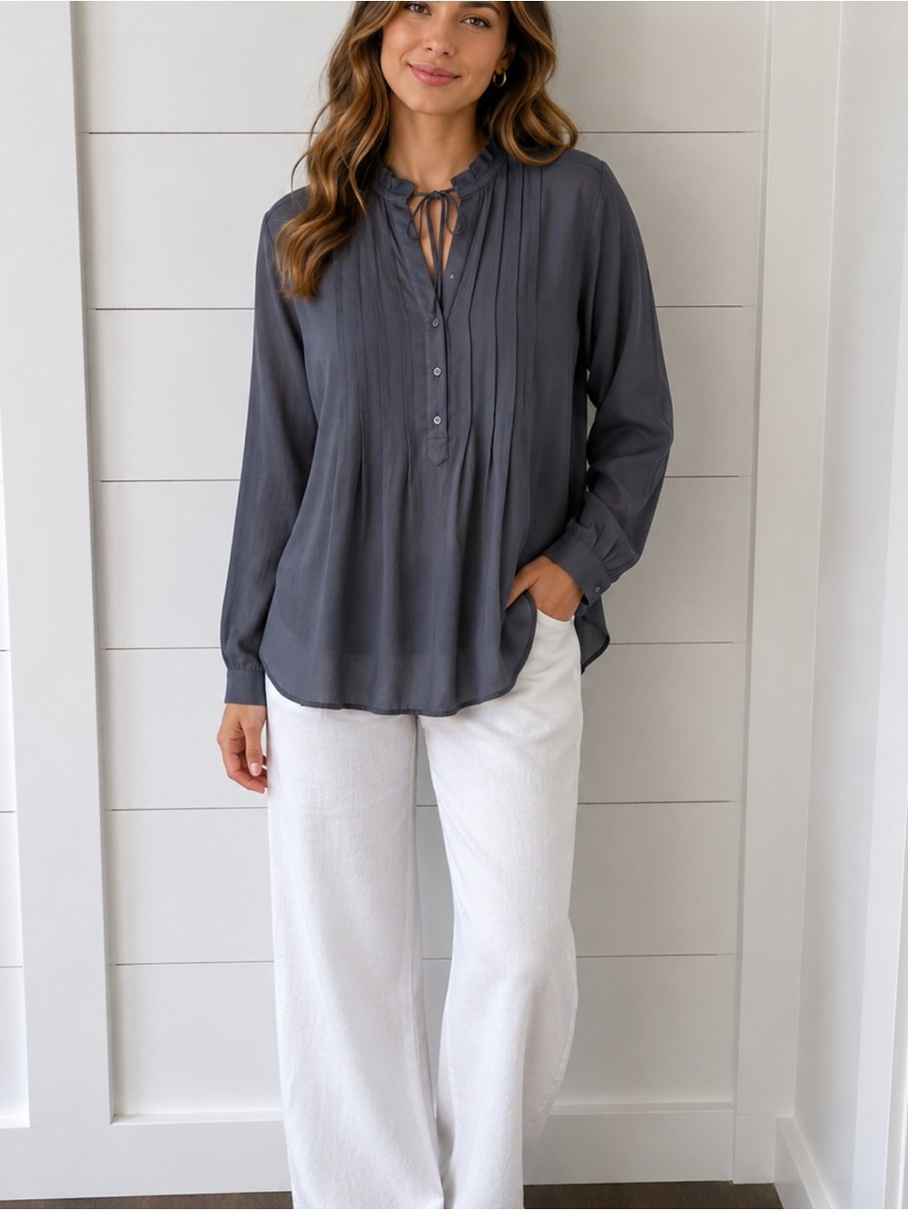 Loft S grey satin pleated 1/2 button classic workwear long sleeve tie blouse